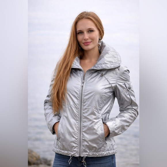 Ralph Lauren Jackets & Blazers - Ralph Lauren Women M Silver Foil Metallic Hooded Jacket Windbreaker Lightweight